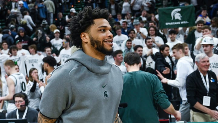 Former Michigan State player Miles Bridges leaves the court after the Spartans win against Indiana on Tuesday, Feb. 21, 2023, at the Breslin Center in East Lansing.

230221 Msu Indiana Bball 246a