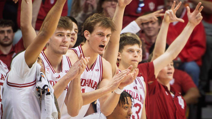Indiana's Reed Bailey (1) and the Hoosiers cheer a three-pointer during the Indiana versus Northwestern men's basketball game at Simon Skjodt Assembly Hall on Tuesday, Feb. 24, 2026.
