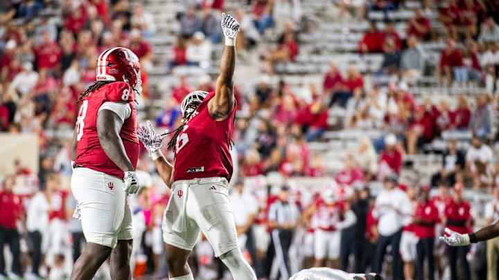 Indiana's Mikail Kamara (6) celebrates his sack of Western Illinois' Nathan Lamb (12) during the Indiana versus Western Illinois football game at Memorial Stadium on Friday, Sept. 6, 2024.