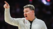 Nov 11, 2025; Tucson, Arizona, USA; Arizona Wildcats head coach Tommy Lloyd yells out towards players during the first half of the game against the Northern Arizona Lumberjacks at McKale Memorial Center. Mandatory Credit: Aryanna Frank-Imagn Images