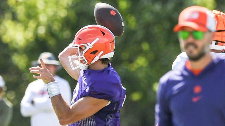 Clemson quarterback Cade Klubnik (2) throws a ball during Clemson football practice at Jervey Meadows in Clemson, S.C. Friday August 7, 2024.