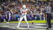 Texas Longhorns running back Jonathon Brooks (24) celebrates after he runs into the end zone for a touchdown against TCU Horned Frogs in the first quarter of an NCAA college football game, Saturday, November. 11, 2023, at Amon G. Carter Stadium in Fort Worth, Texas.