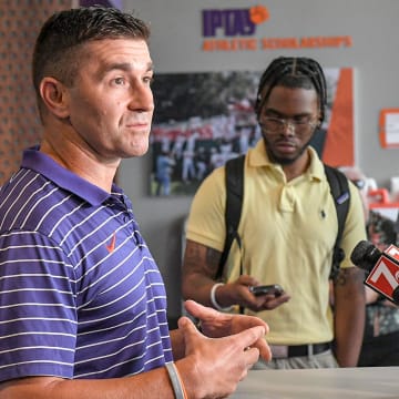 Clemson Head Coach Erik Bakich talks about the Super Regional series, what he will be doing this summer regarding the team number 128 for next year, and honoring Aidan Knaak for his freshman pitcher of the year, during an season wrap up press conference at Doug Kingsmore Stadium in Clemson, S.C. Wednesday, June 12, 2024.