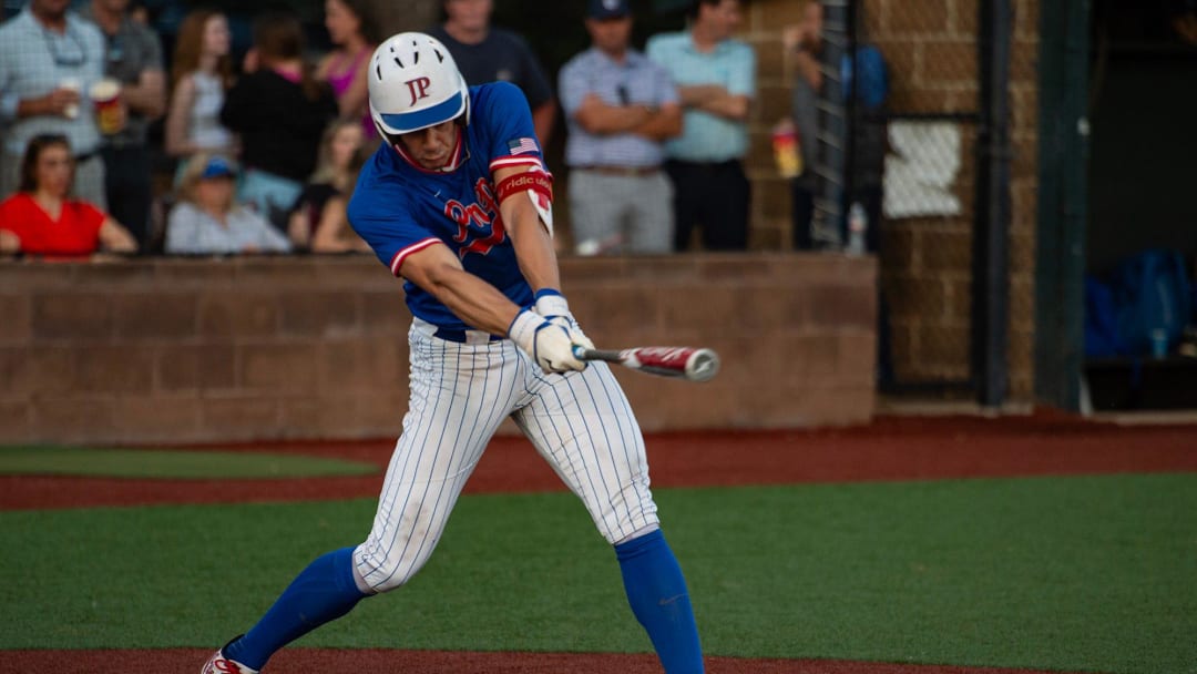 Jackson Prep Patriots' Konnor Griffin (22) hits the ball during the game against the Presbyterian Christian Bobcats at Jackson Prep in Flowood, Miss., on Tuesday, May 14, 2024. Jackson Prep won 3-2.