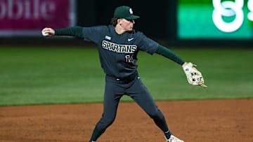 Michigan State's Mitch Jebb fields a ball hit by a Lugnuts batter in the sixth inning on Wednesday, April 6, 2022, during the Crosstown Showdown at Jackson Field in Lansing.

220406 Lugnuts Msu Bsball 184a