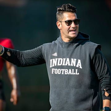 Indiana University Quarterbacks Coach Tino Sunseri instucts players during fall practice at the Mellencamp Pavilion at Indiana University on Tuesday, Aug. 6, 2024.