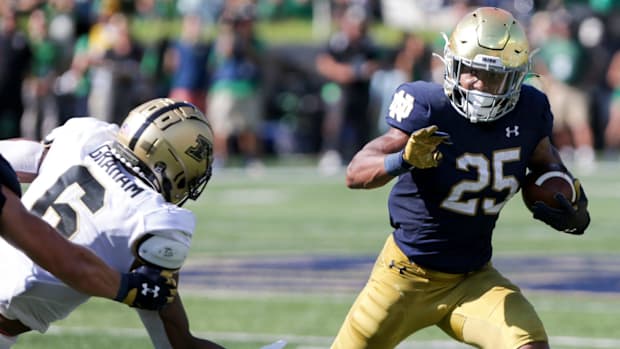 Notre Dame running back Chris Tyree runs against Purdue in 202