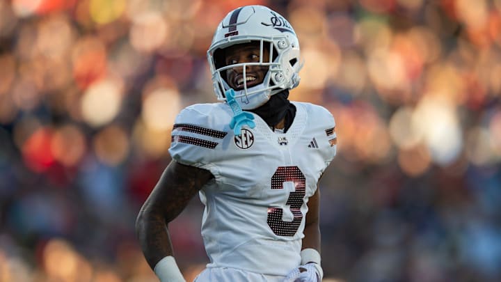 Former Mississippi State Bulldog wide receiver Kevin Coleman Jr. (3) smiles after scoring a touchdown in a game against the Mississippi Rebels last season.