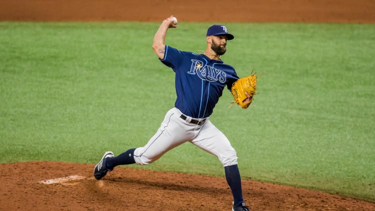 Jul 28, 2020; St. Petersburg, Florida, USA; Tampa Bay Rays relief pitcher Nick Anderson (70)