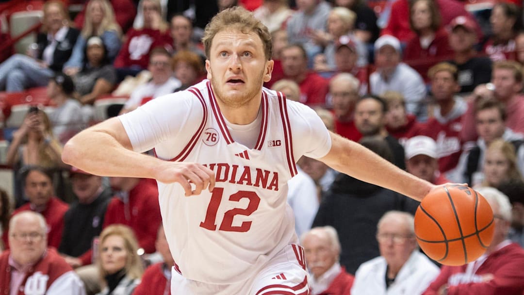 Indiana's Tucker DeVries (12) during the Indiana versus Northwestern men's basketball game at Simon Skjodt Assembly Hall on Tuesday, Feb. 24, 2026.