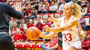 Indiana's Sydney Parrish (33) passes during the Indiana versus Maryville women's basketball game at Simon Skjodt Assembly Hall on Wednesday, Oct. 30, 2024.