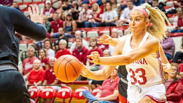 Indiana's Sydney Parrish (33) passes during the Indiana versus Maryville women's basketball game at Simon Skjodt Assembly Hall on Wednesday, Oct. 30, 2024.