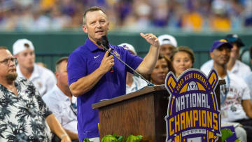 Coach Jay Johnson speaking as Tiger fans welcome the LSU Tigers Baseball team home at Alex Box Stadium. Wednesday, June 28, 2023.