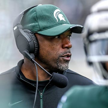 Michigan State's wide receivers coach Courtney Hawkins looks on during the spring game on Saturday, April 16, 2022, at Spartan Stadium in East Lansing.