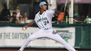 Daytona Tortuga’s pitcher JeanPierre Ortiz (24) pitches during a game with Clearwater Threshers at Jackie Robinson Ballpark in Daytona Beach, Sunday, Aug. 31, 2025.