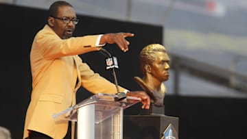 Aug 5, 2017; Canton, OH, USA; Seattle Seahawks former safety Kenny Easley delivers his speech during the Professional Football HOF enshrinement ceremonies at the Tom Benson Hall of Fame Stadium. 