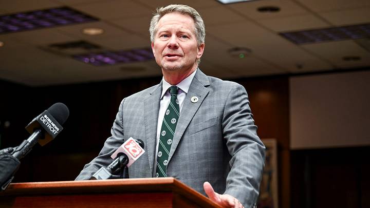Michigan State University President-Elect Kevin Guskiewicz talks to the media on Monday, Dec. 11, 2023, at the Hannah Administration Building in East Lansing.