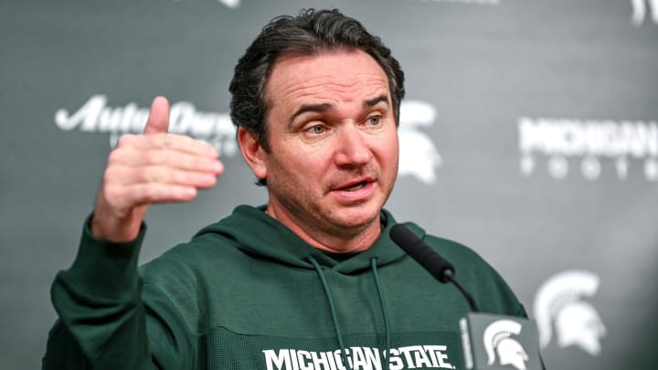 Michigan State coach Jonathan Smith talks the media on the first national signing day for college football recruits Wednesday, Dec. 20, 2023, at Spartan Stadium in East Lansing.