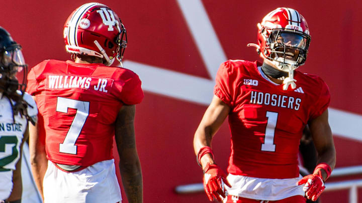 Indiana's Donaven McCulley (1) celebrates a long gain against Michigan State at Memorial Stadium.