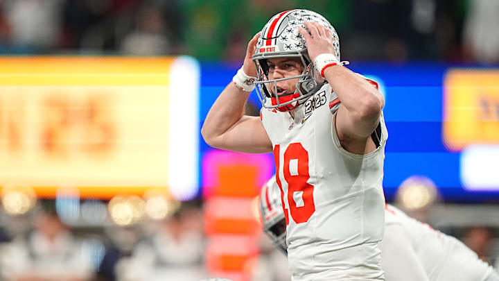 Ohio State quarterback Will Howard calls out a play during the College Football Playoff national championship game.