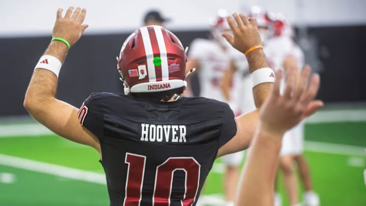 Indiana's Josh Hoover (10) during Indiana football spring practice on Thursday, April 16, 2026.