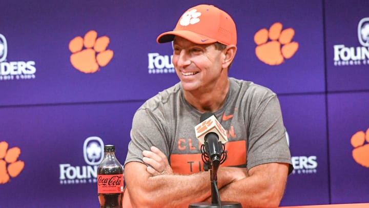 Clemson head coach Dabo Swinney talks with media before the Clemson first football August practice in Clemson, S.C. Thursday August 1, 2024.