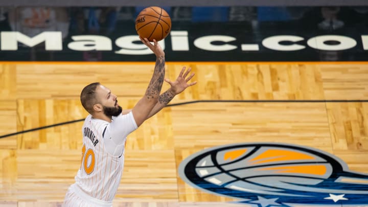 Mar 24, 2021; Orlando Magic guard Evan Fournier (10) attempts a shot during the first quarter of a game between the Phoenix Suns and the Orlando Magic at Amway Center. 