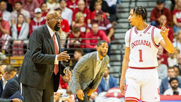 Indiana Head Coach Mike Woodson talks with Myles Rice (1) during the Indiana versus Southern Illinois University Edwardsville men's basketball game at Simon Skjodt Assembly Hall on Wednesday, Nov. 6, 2024.