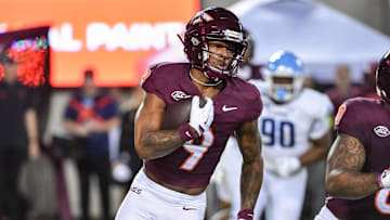 Sep 13, 2025; Blacksburg, Va.; Virginia Tech wide receiver Cam Seldon (9) runs the ball during the second quarter.