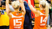 Miami (FL)'s Hanna Cavinder (15) and Haley Cavinder (14) makes the \"U\" sign after the second half of the NCAA Tournament Second Round game between Indiana and Miami (FL) at Simon Skjodt Assembly Hall on Monday, March 20, 2023.

Iu Um Wbb 2h Cavinder Twins Celebrate