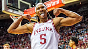 Indiana's Malik Reneau (5) celebrates after a basket and a foul during the Indiana versus Sam Houston men's basketball game at Simon Skjodt Assembly Hall on Tuesday, Dec. 3, 2024.