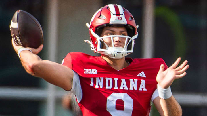 Indiana's Kurtis Rourke (9) passes during the second half of the Indiana versus Florida International football game at Memorial Stadium on Saturday, Aug. 31, 2024.