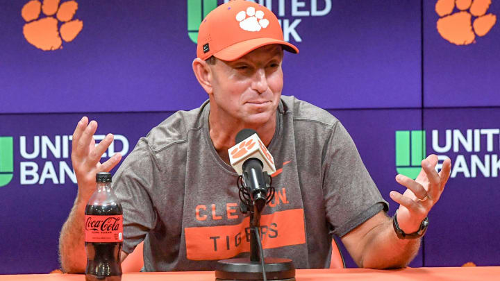 Clemson head coach Dabo Swinney talks with media before the Clemson first football August practice in Clemson, S.C. Thursday August 1, 2024.