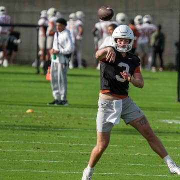 Texas Longhorns quarterback Quinn Ewers during spring practice at the Frank Denius practice fields in Austin, Tuesday, March 19, 2024.