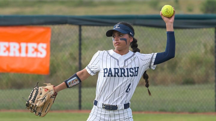 Parrish’s Jade Kruse (4) throws the ball during the 5A state softball championship game between Gainesville High School and Parrish Community High School at Legends Way Ballfields in Clermont on Friday, May 24, 2024.
