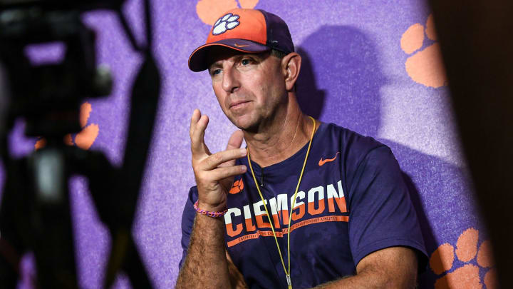 Clemson head coach Dabo Swinney talks with media in the media room at Memorial Stadium in Clemson, Satuday, August 10, 2024.