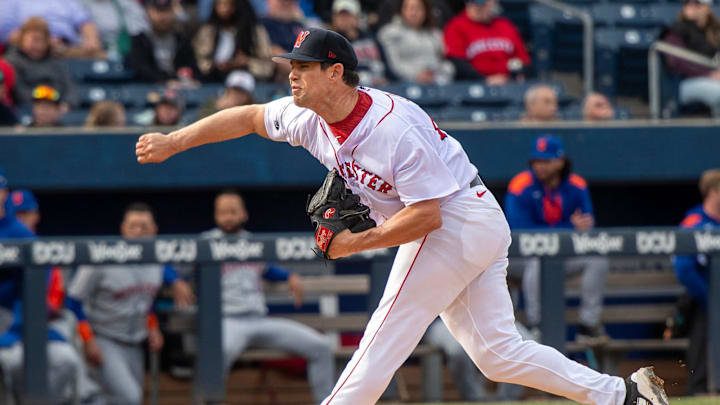 Worcester starting pitcher Robert Stock throws against Syracuse on opening day at Polar Park.