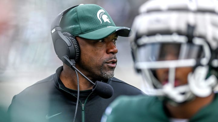 Michigan State's wide receivers coach Courtney Hawkins looks on during the spring game on Saturday, April 16, 2022, at Spartan Stadium in East Lansing.