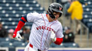 Worcester left fielder Roman Anthony runs on a fly ball against the Durham Bulls May 23.