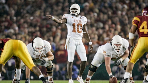 Texas quarterback Vince Young points before a snap during the national championship game against USC.
