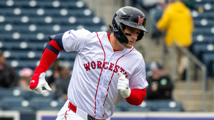 Worcester left fielder Roman Anthony runs on a fly ball against the Durham Bulls May 23. Worcester left fielder Roman Anthony runs on a fly ball against the Durham Bulls May 23.