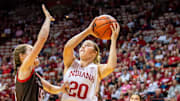 Indiana's Julianna LaMendola (20) shoots during the Indiana versus Brown women's basketball game at Simon Skjodt Assembly Hall on Monday, Nov. 4, 2024.
