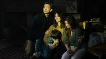 (L to R) John Cho, Katherine Waterston, Lukita Maxwell, and Isaac Bae in Columbia Pictures and Blumhouse AFRAID