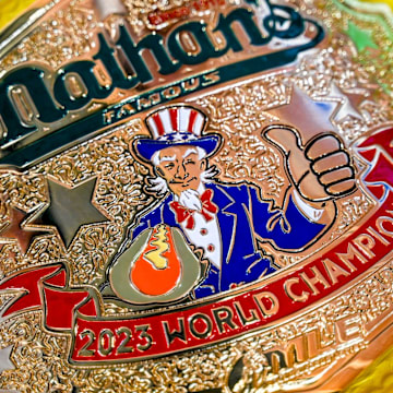 Joey Chestnut's mustard yellow belt from 2023.