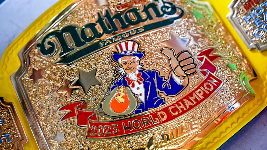 Joey Chestnut's mustard yellow belt from 2023. | Nick King/Lansing State Journal / USA TODAY NETWORK