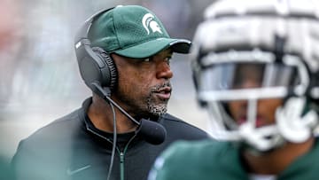 Michigan State's wide receivers coach Courtney Hawkins looks on during the spring game on Saturday, April 16, 2022, at Spartan Stadium in East Lansing.

220415 Msu Spring Game 319a