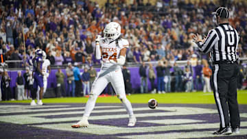 Texas Longhorns running back Jonathon Brooks (24) celebrates after he runs into the end zone for a touchdown against the TCU Horned Frogs.