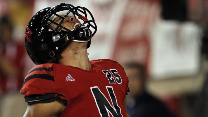 Sep 29, 2012; Lincoln, NE, USA; Nebraska Cornhuskers receiver Kyler Reed (25) yells after scoring a touchdown against the Wisconsin Badgers in the second half at Memorial Stadium. Nebraska won 30-27.