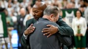 Michigan State's head coach Tom Izzo, right, hugs athletic director Alan Haller during the senior night celebration after the game against Northwestern on Wednesday, March 6, 2024, at the Breslin Center in East Lansing.