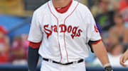 July 11, 2012; Reading, PA USA; Portland SeaDogs player Bryce Brentz (25) smiles after fouling off a pitch during the AA Eastern League All-Star game at FirstEnergy Stadium. The Eastern Division defeated the Western Division, 5-4. Mandatory Credit: Eric Hartline-Imagn Images